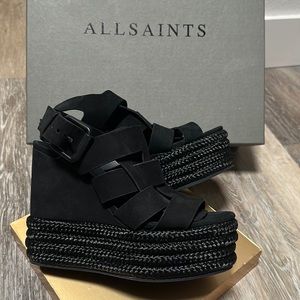 All Saints Marzee Wedge Platform Sandal in Black Suede Like New in Box AllSaints